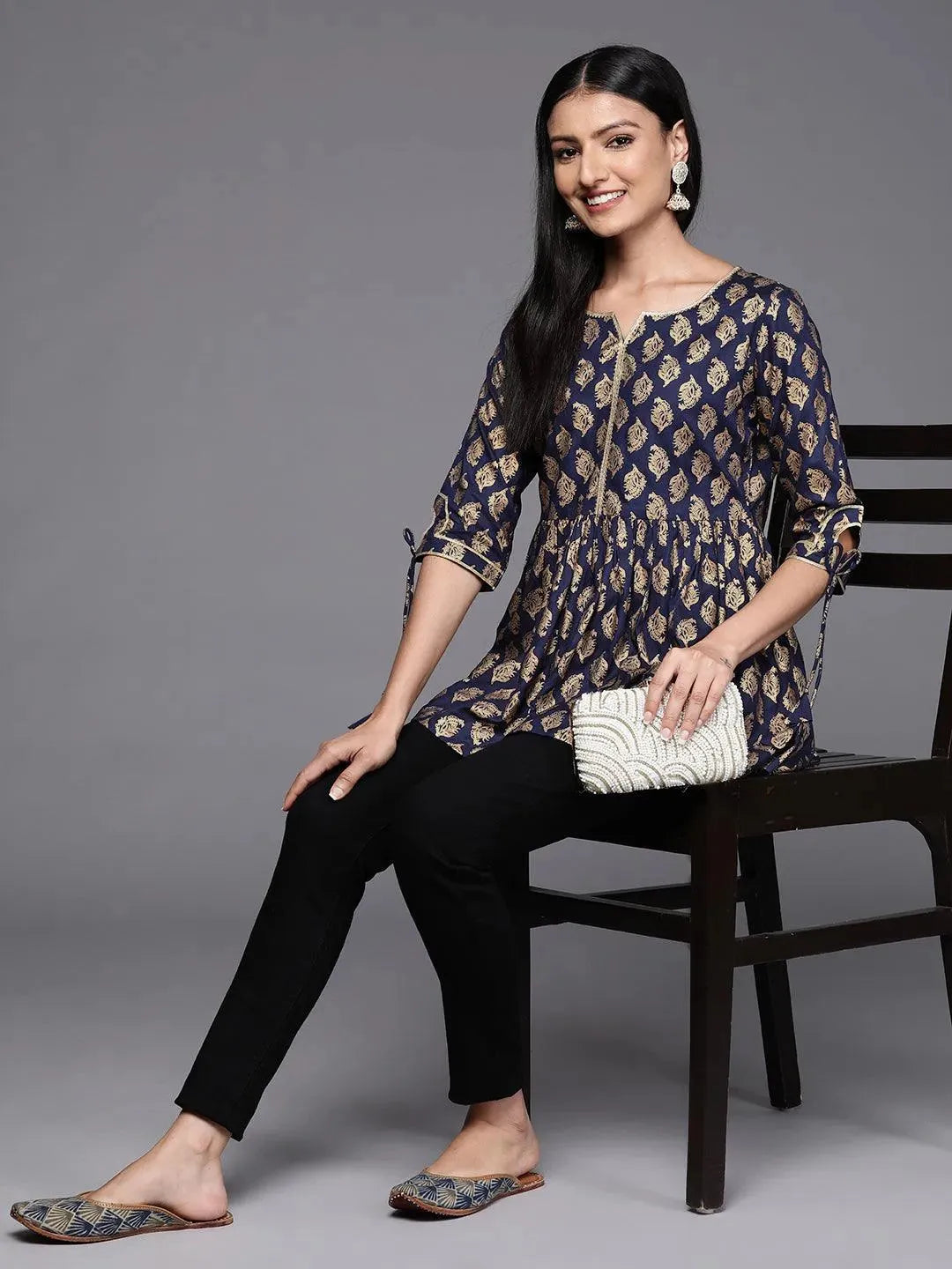 Blue Printed Rayon A-Line Kurti - Libas 