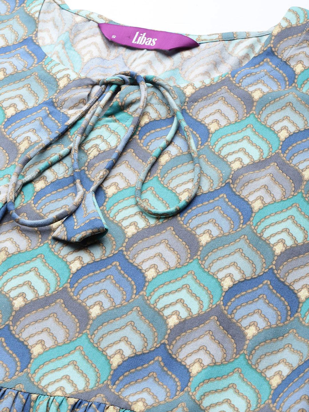Blue Printed Rayon A-Line Kurti