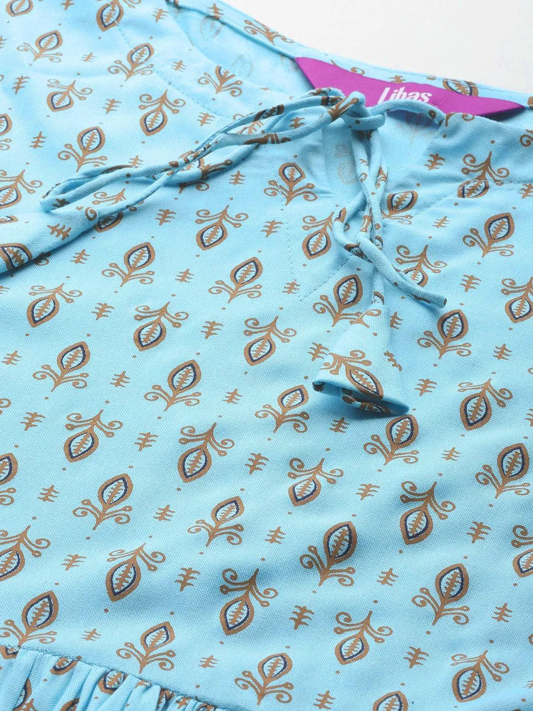 Blue Printed Rayon A-Line Kurti - Libas 