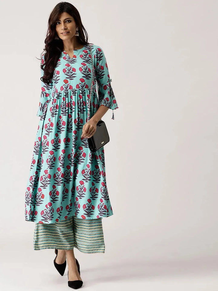 Blue Printed Rayon Kurta Set - Libas