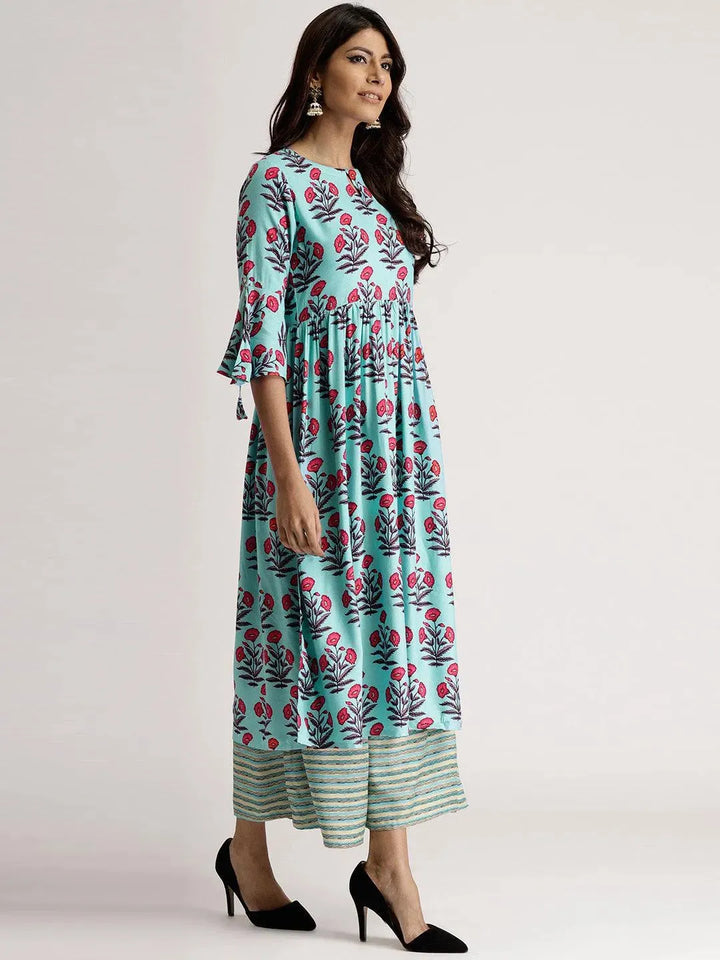 Blue Printed Rayon Kurta Set - Libas