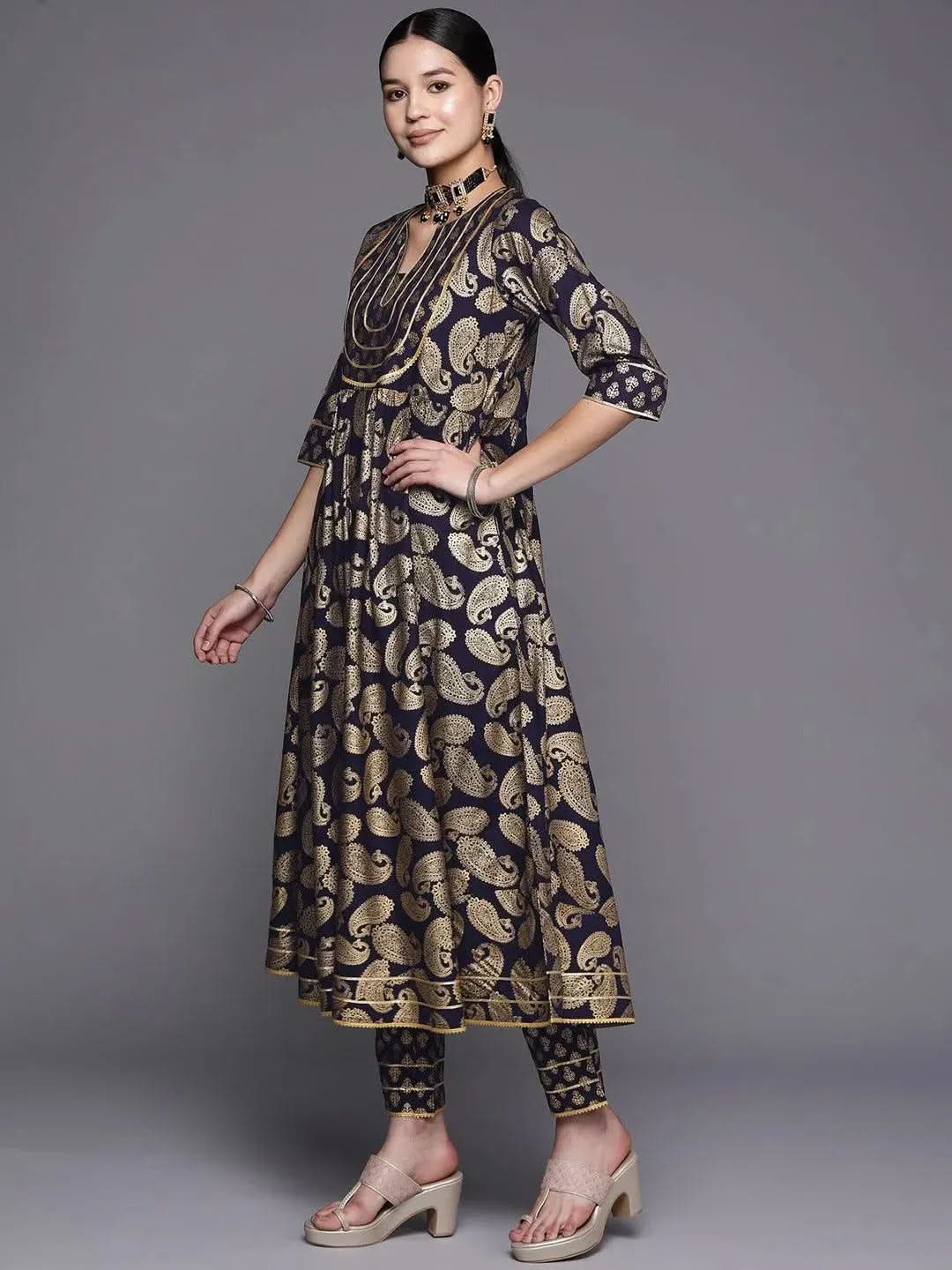 

Blue Printed Rayon Anarkali Kurta With Trousers & Dupatta