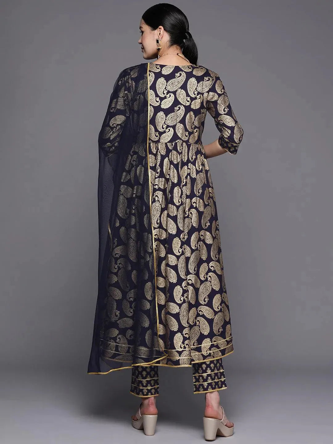 

Blue Printed Rayon Anarkali Kurta With Trousers & Dupatta