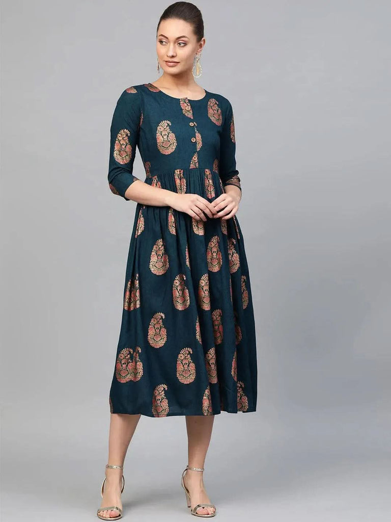 Libas Blue Printed Rayon Dress