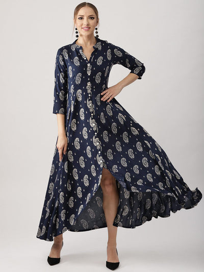 Blue Printed Rayon Dress - Libas