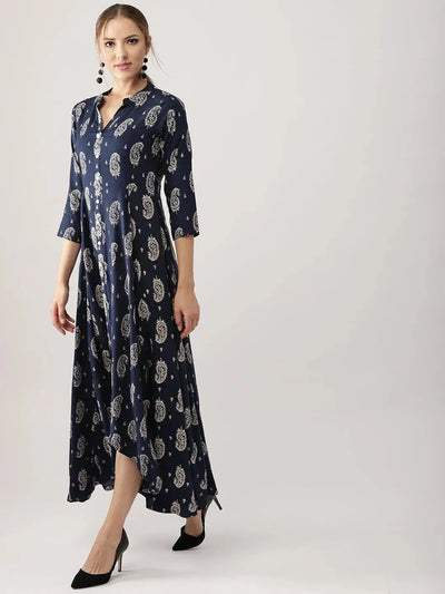 Blue Printed Rayon Dress - Libas