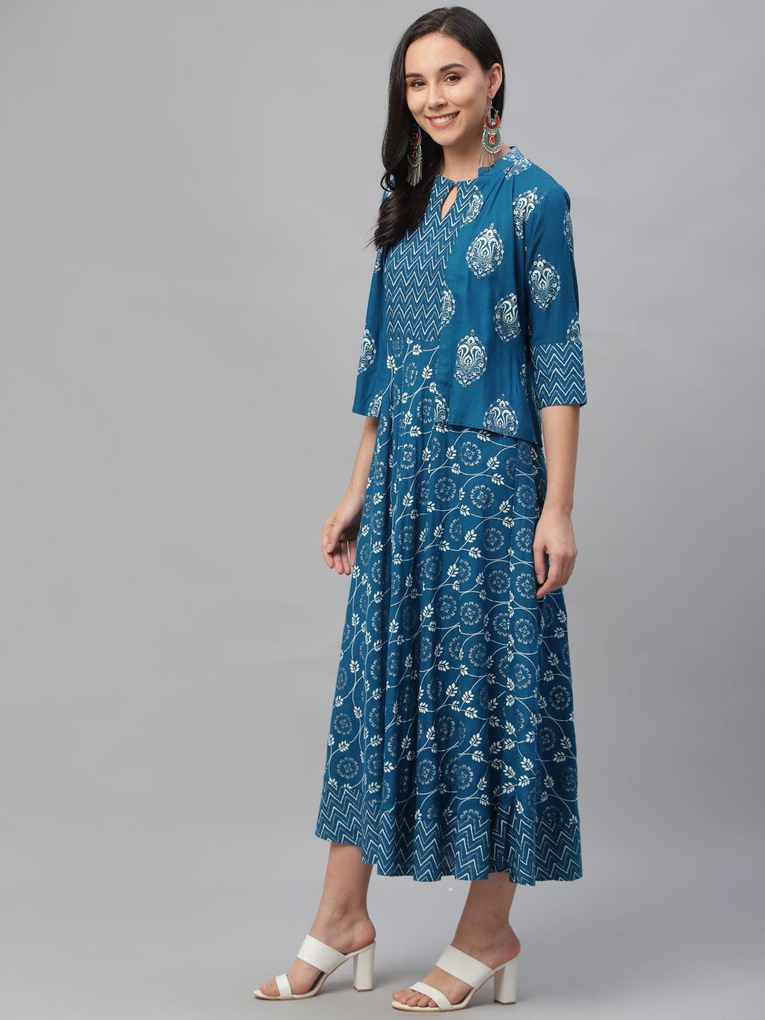 Blue Printed Rayon Dress With Jacket
