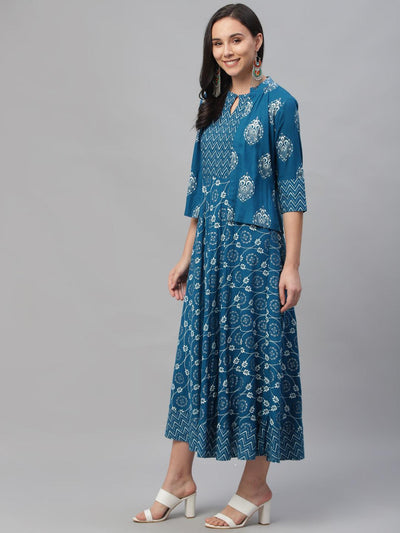 Blue Printed Rayon Dress With Jacket - Libas