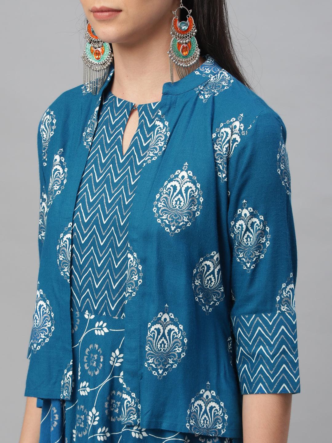 Blue Printed Rayon Dress With Jacket
