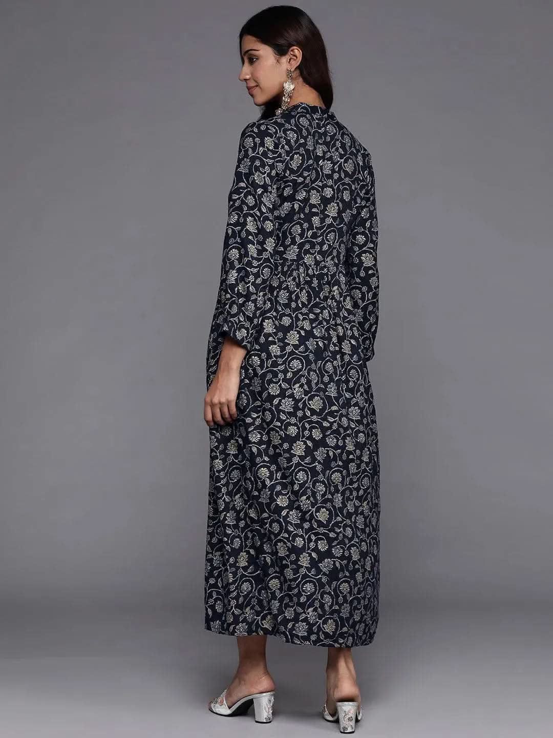 Blue Printed Rayon Fit and Flare Dress - Libas 