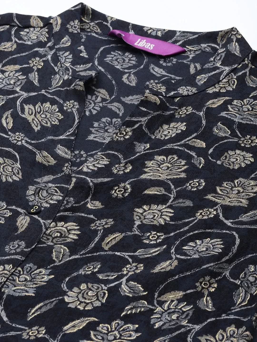 Blue Printed Rayon Fit and Flare Dress - Libas 