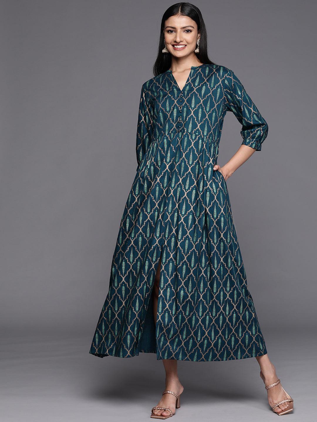 Blue Printed Rayon Fit and Flared Dress - Libas