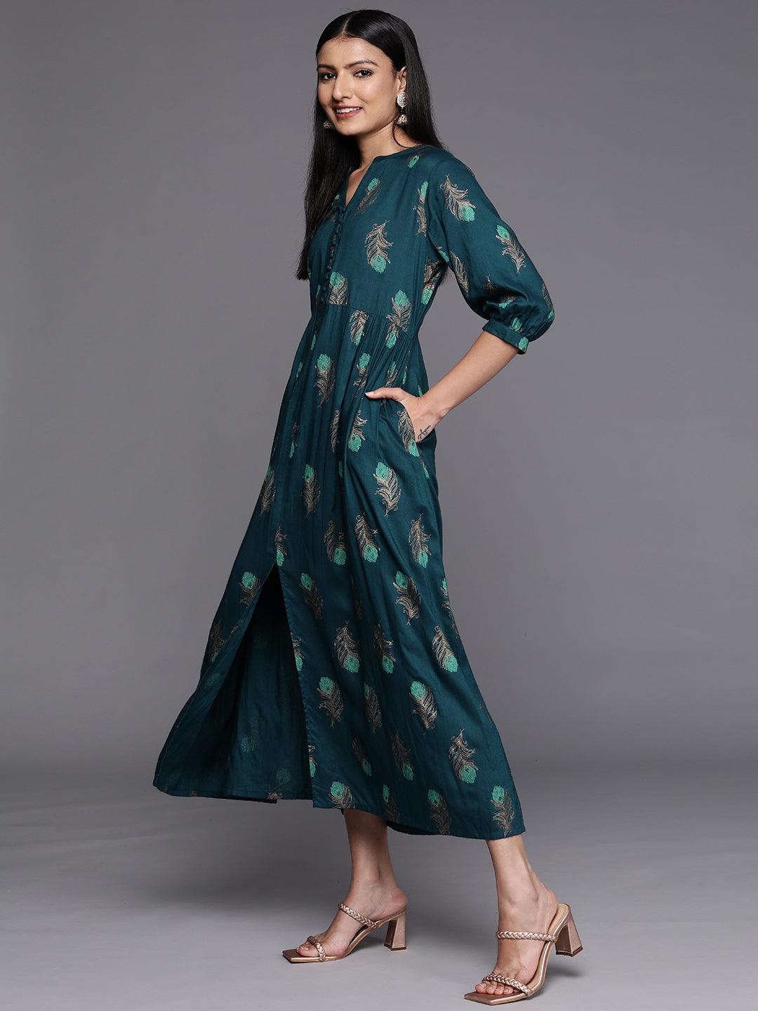 Blue Printed Rayon Fit and Flared Dress - Libas