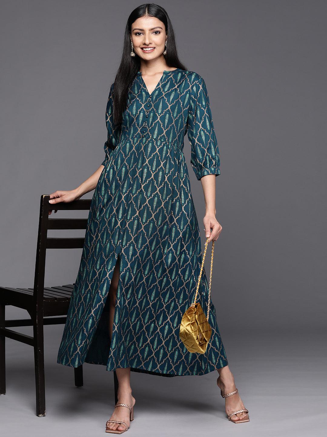 Blue Printed Rayon Fit and Flared Dress