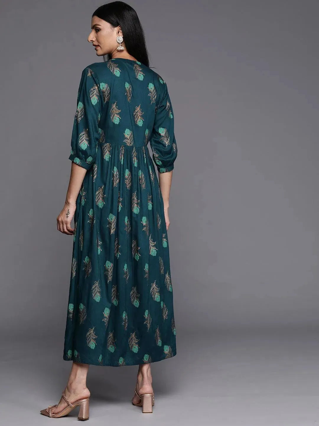 Blue Printed Rayon Fit and Flared Dress - Libas 