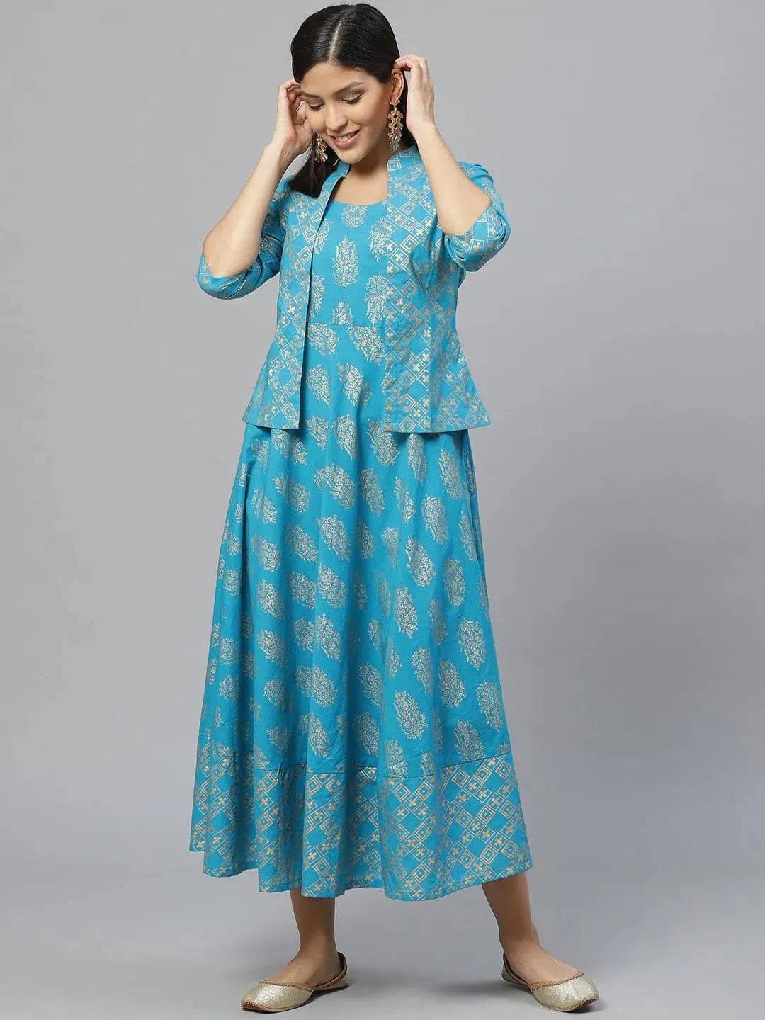 Blue Printed Rayon Jacket Dress With Mask - Libas