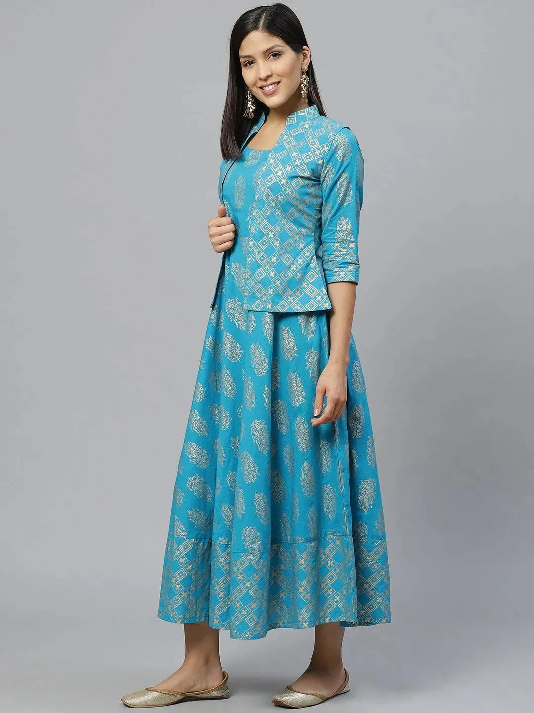 Blue Printed Rayon Jacket Dress With Mask - Libas 