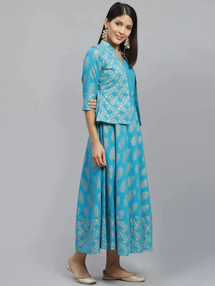 Blue Printed Rayon Jacket Dress With Mask - Libas