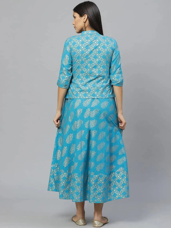 Blue Printed Rayon Jacket Dress With Mask - Libas