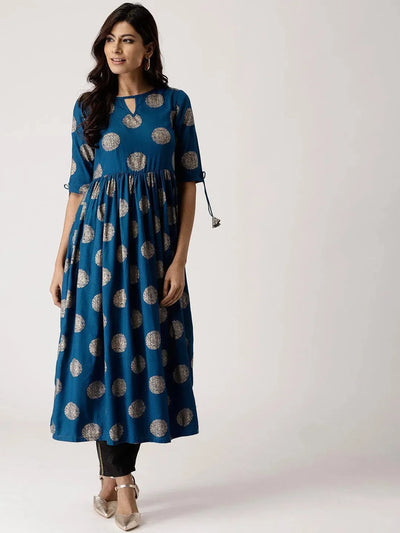 Blue Printed Rayon Kurta - Libas