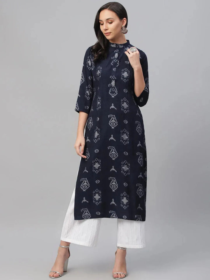 Blue Printed Rayon Kurta - Libas