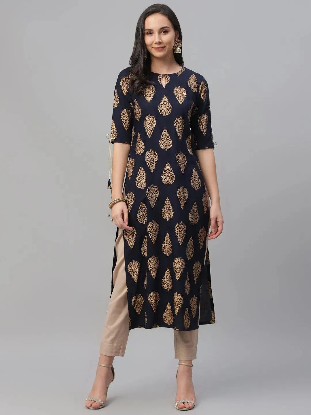 Blue Printed Rayon Kurta - Libas
