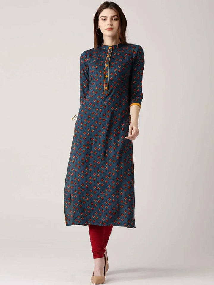 Blue Printed Rayon Kurta - Libas