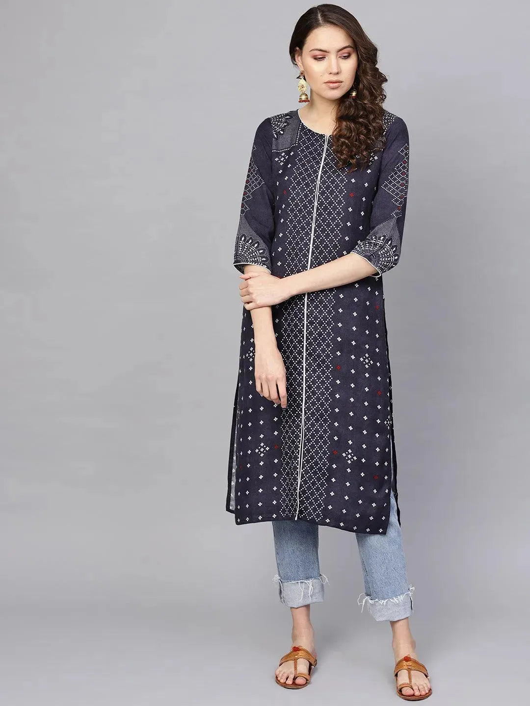 Blue Printed Rayon Kurta - Libas