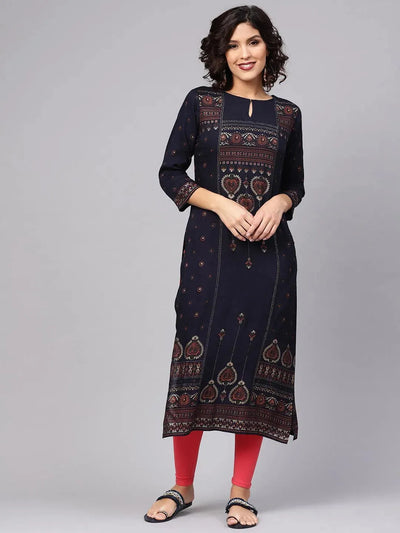 Blue Printed Rayon Kurta - Libas