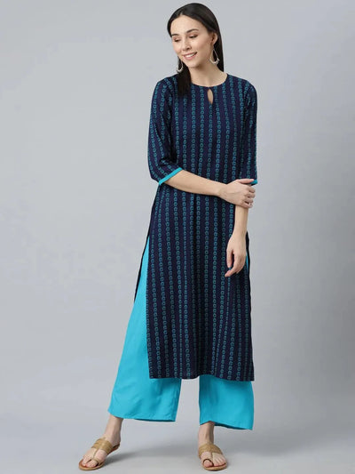 Blue Printed Rayon Kurta - Libas