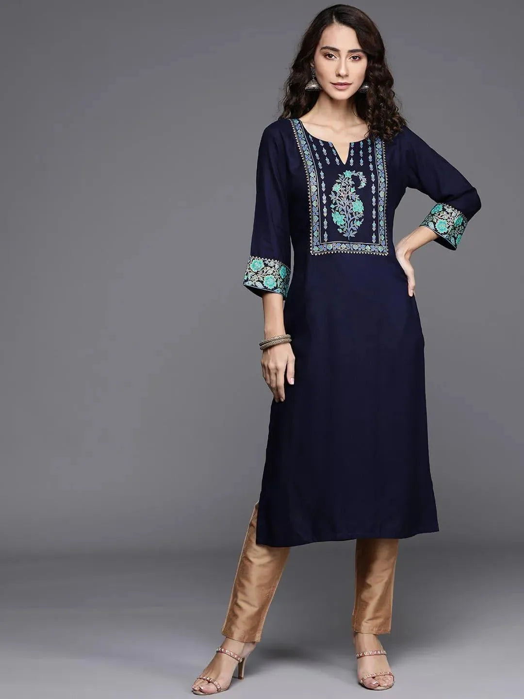 Blue Printed Rayon Kurta - Libas