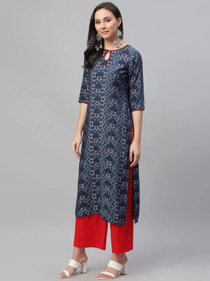 Blue Printed Rayon Kurta - Libas