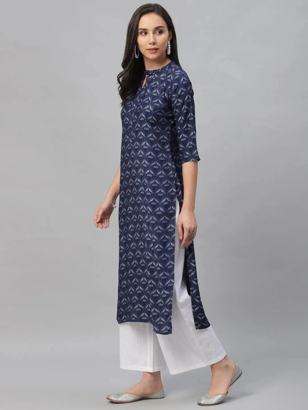 Blue Printed Rayon Kurta - Libas