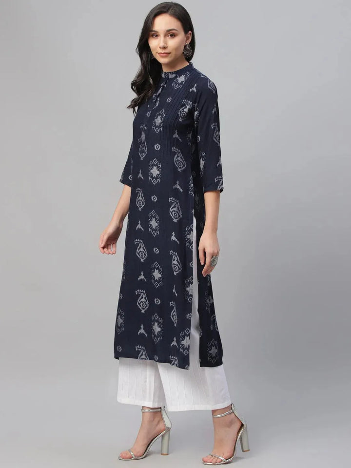 Blue Printed Rayon Kurta - Libas