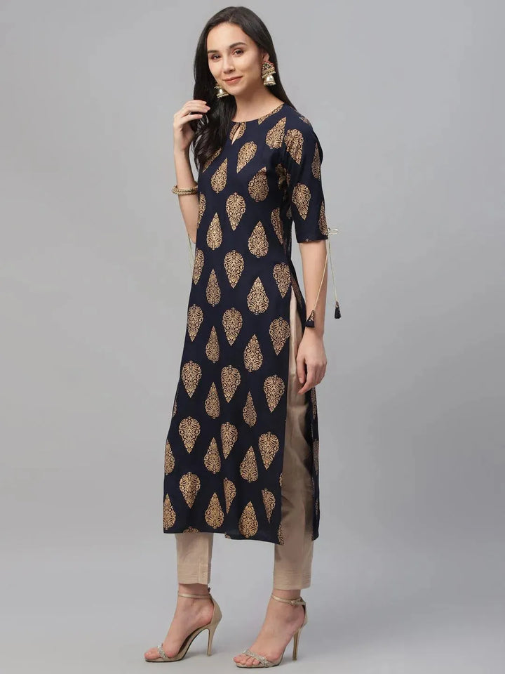 Blue Printed Rayon Kurta - Libas