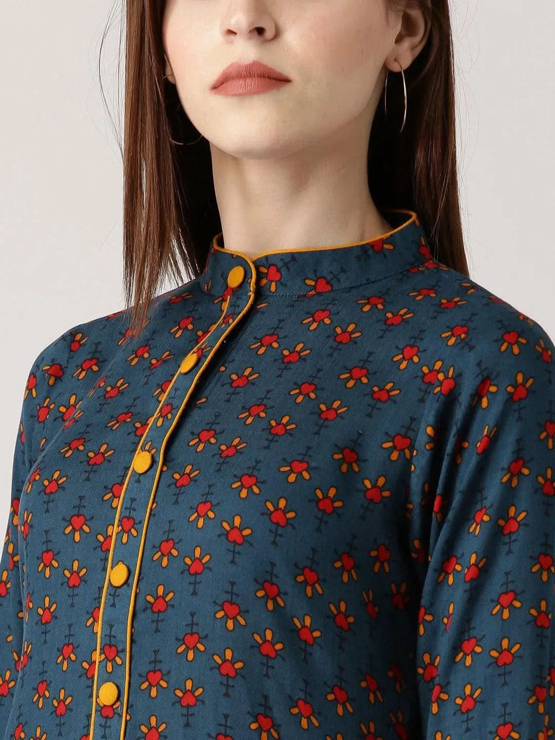 Blue Printed Rayon Kurta - Libas