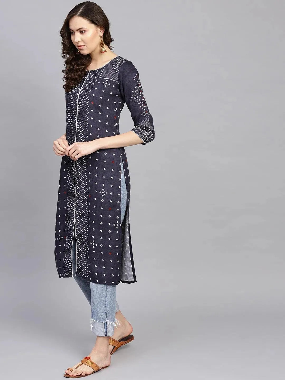 Blue Printed Rayon Kurta - Libas