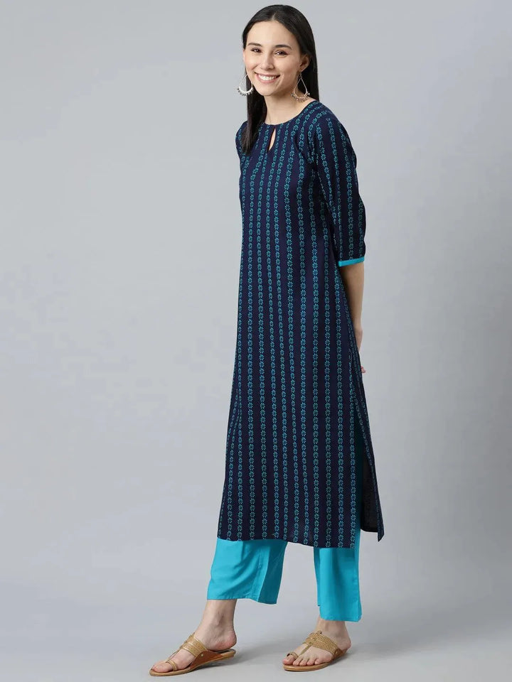 Blue Printed Rayon Kurta - Libas