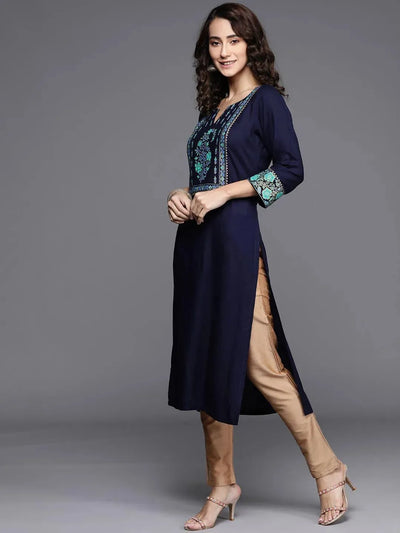 Blue Printed Rayon Kurta - Libas