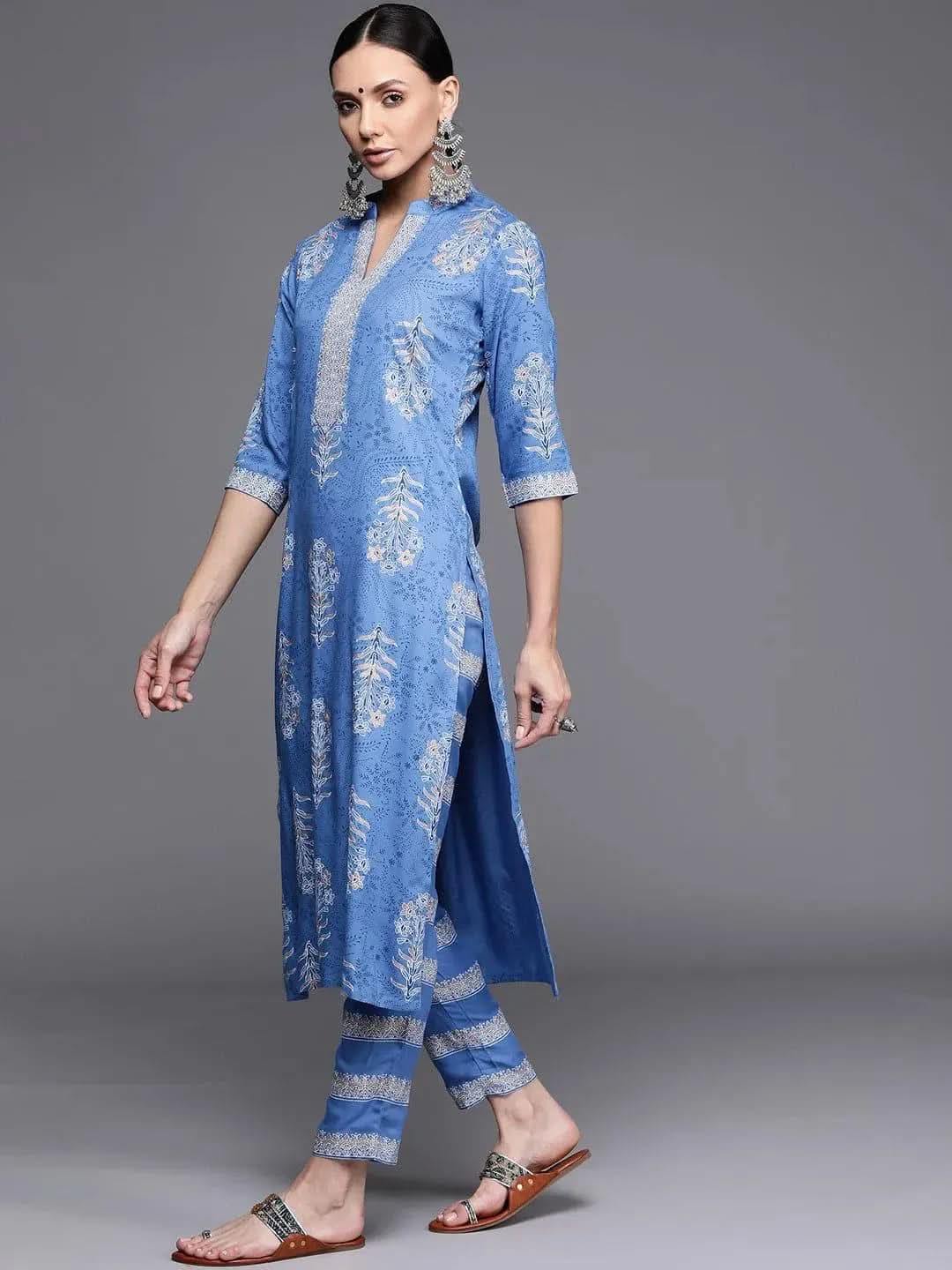 Blue Printed Rayon Kurta - Libas 
