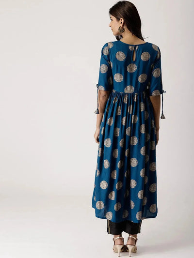 Blue Printed Rayon Kurta - Libas