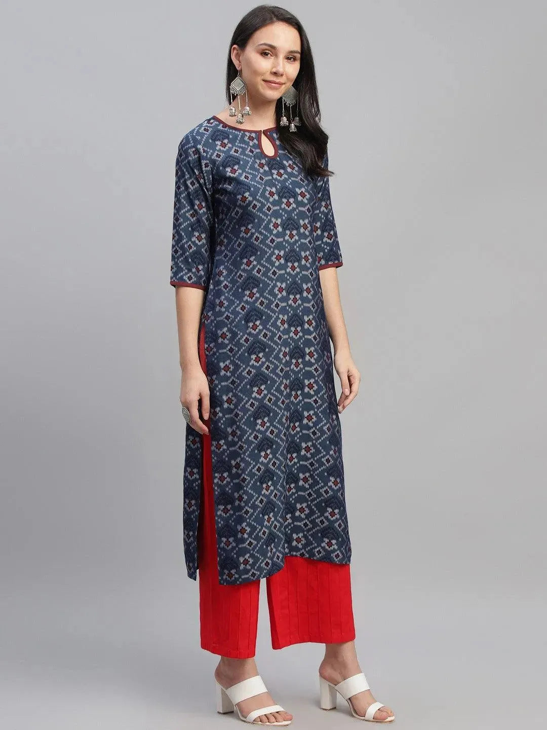 Blue Printed Rayon Kurta - Libas 