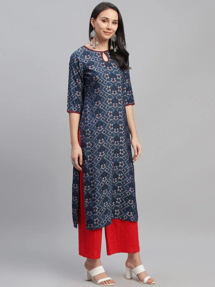 Blue Printed Rayon Kurta - Libas