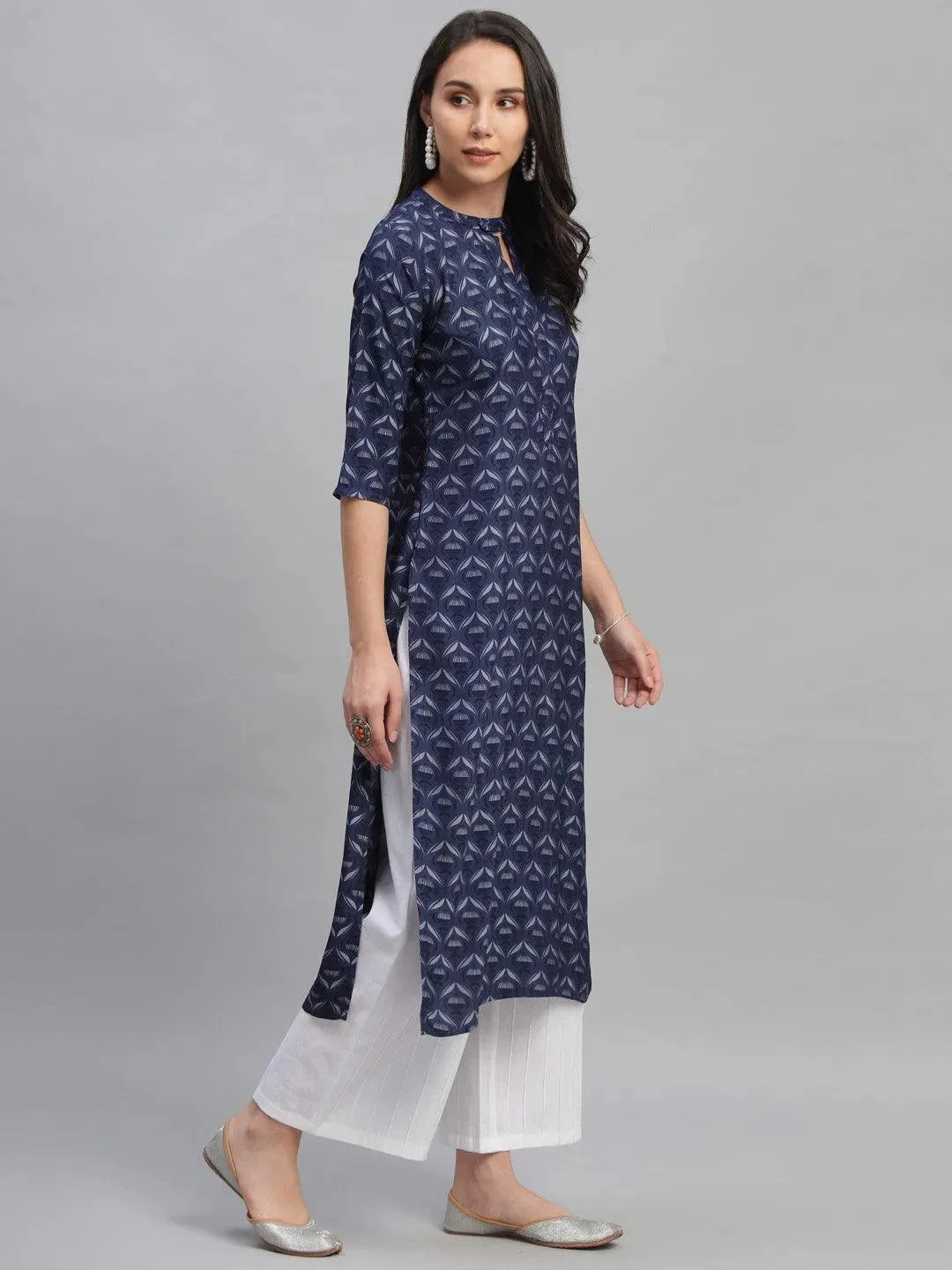 Blue Printed Rayon Kurta - Libas