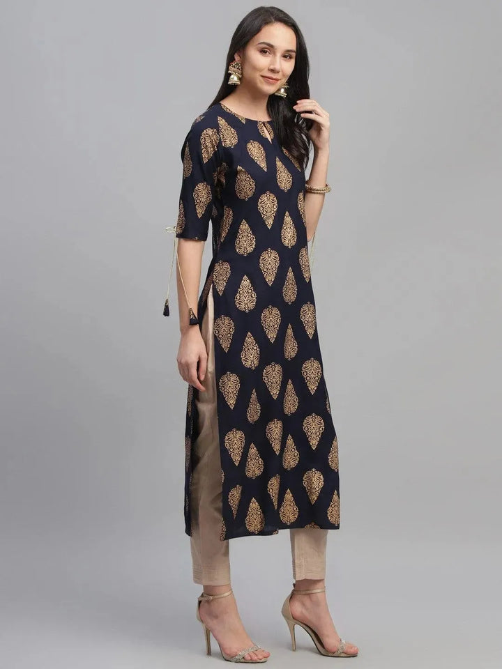 Blue Printed Rayon Kurta - Libas