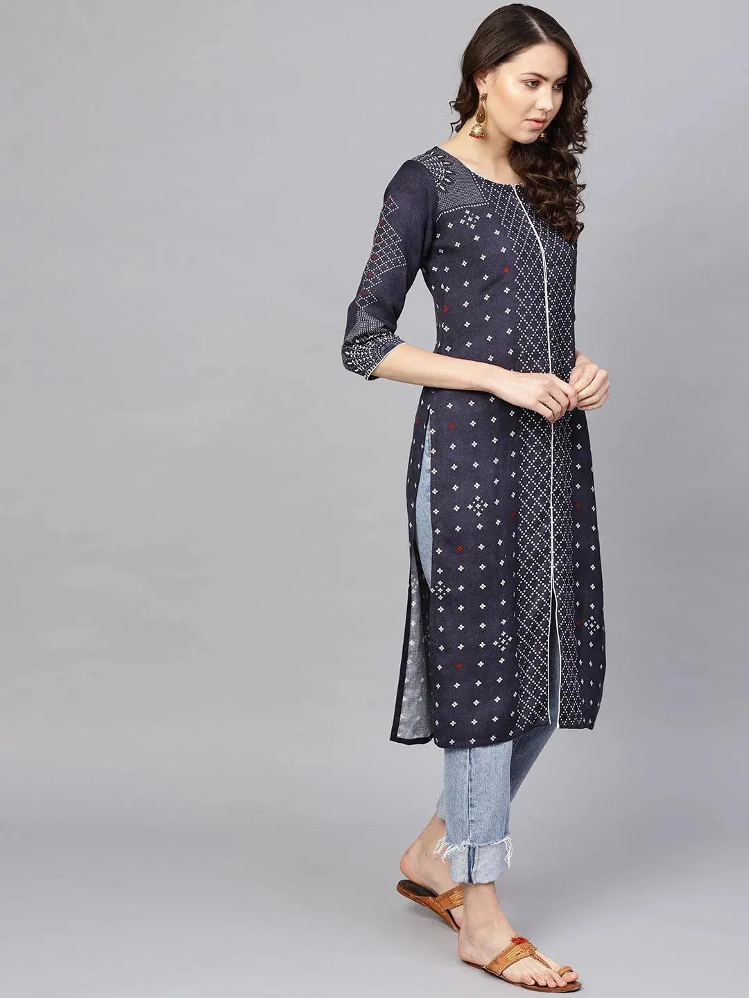 Blue Printed Rayon Kurta - Libas