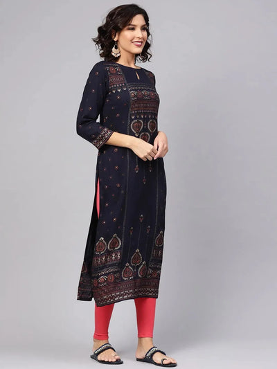 Blue Printed Rayon Kurta - Libas