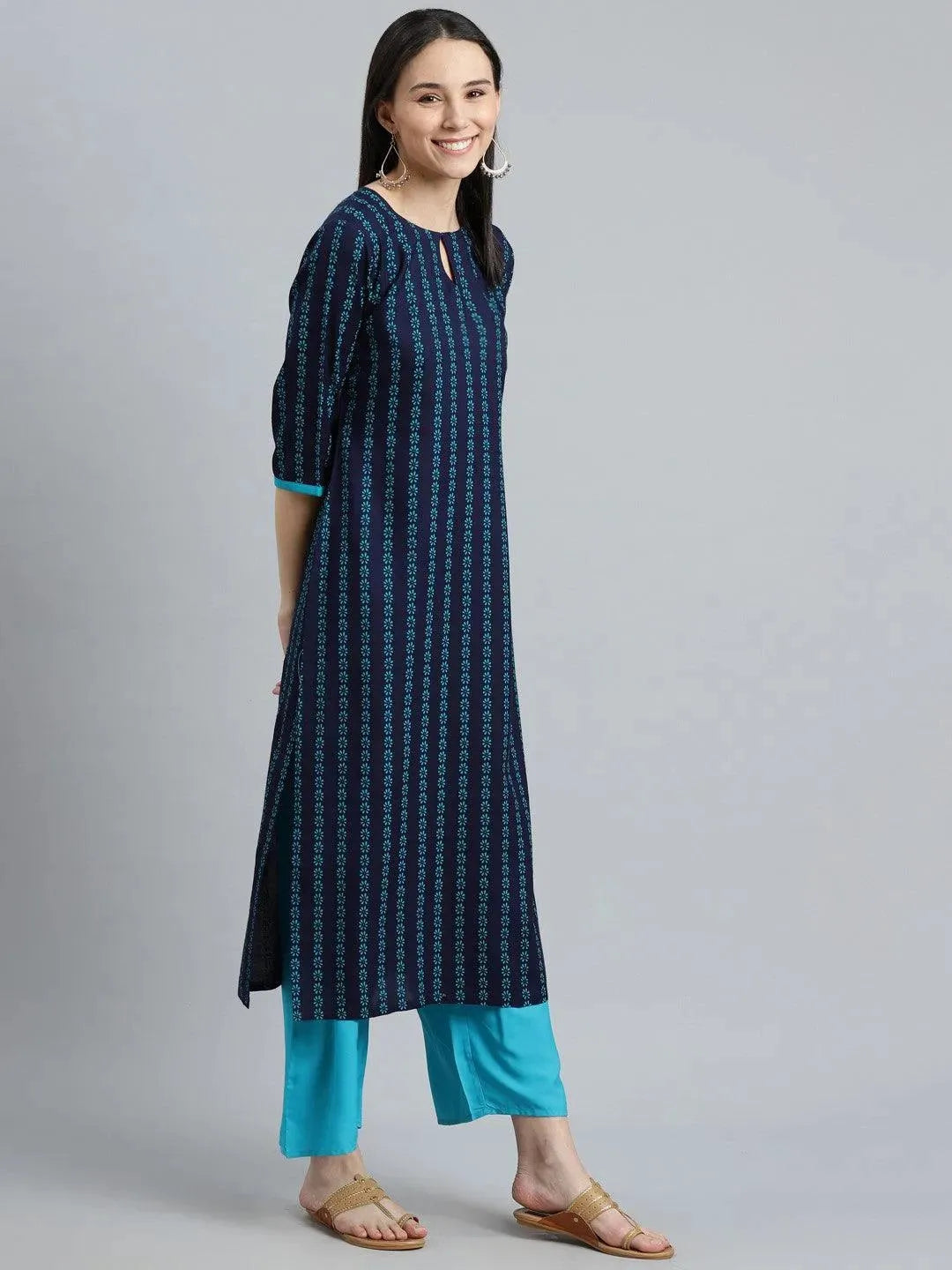 Blue Printed Rayon Kurta - Libas