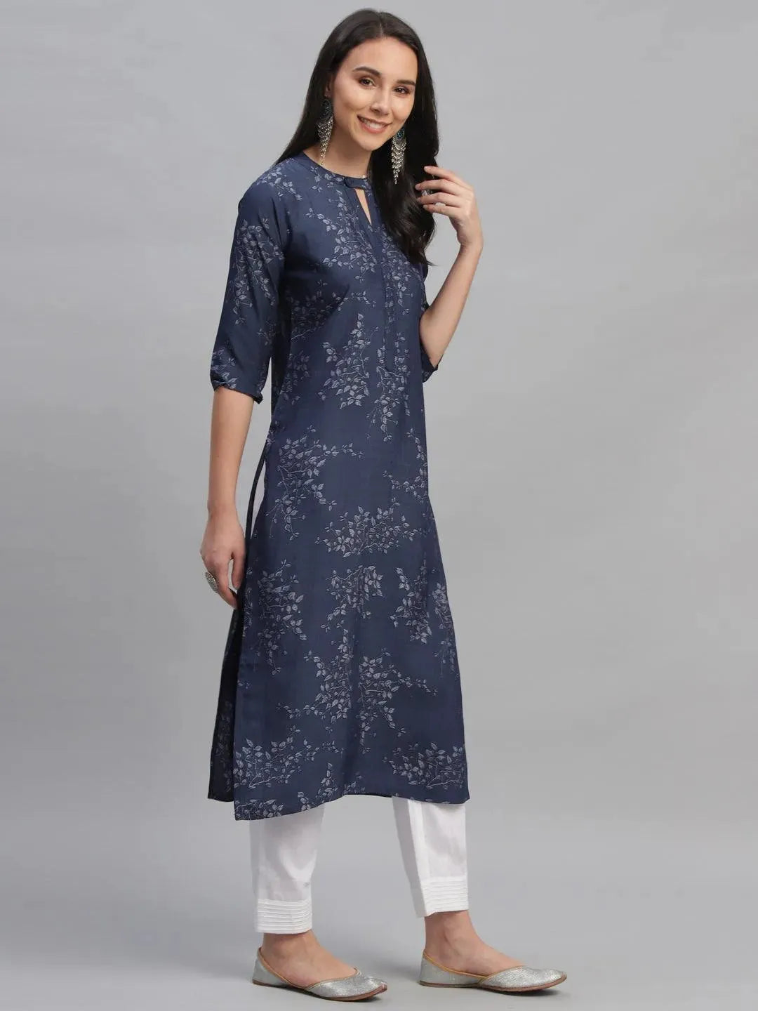 Blue Printed Rayon Kurta - Libas