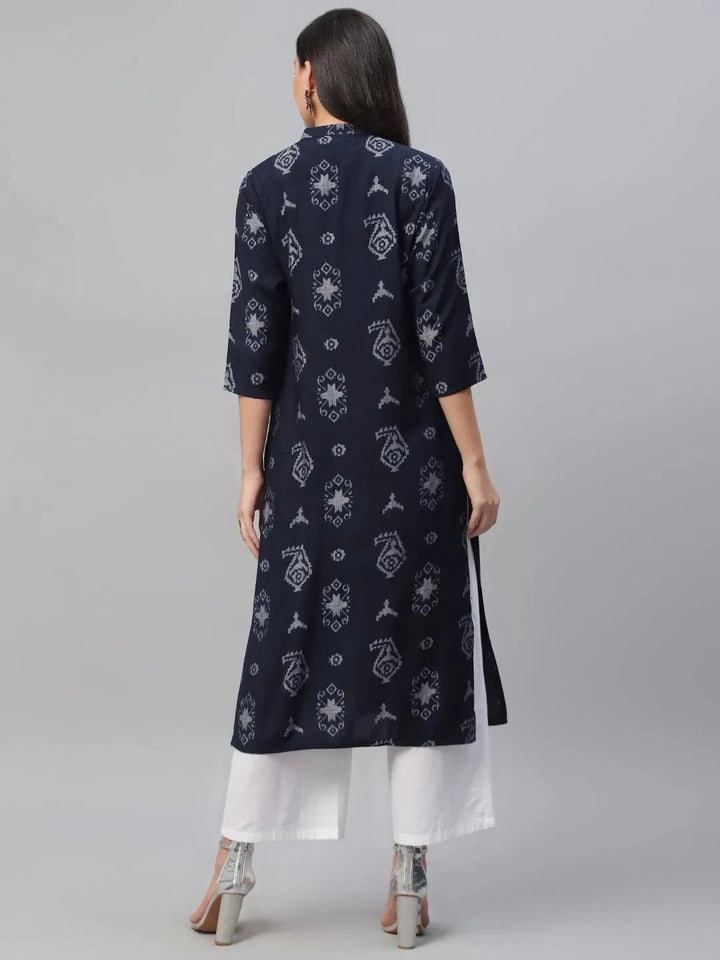 Blue Printed Rayon Kurta - Libas